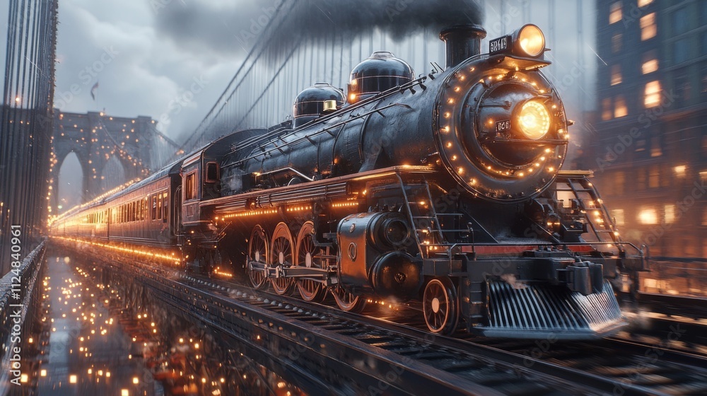 Naklejka premium Steam train crossing bridge under a cloudy winter sky