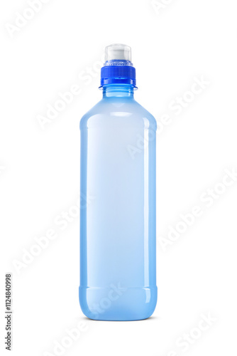 Blue bottle isotonic drink, sports energy drink with push pull cap dispenser isolated. Transparent PNG image.