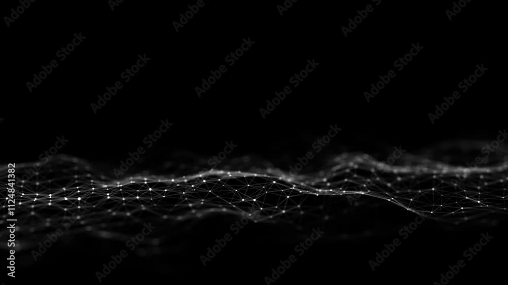 Digital hexagon dynamic wave of particles. Abstract black futuristic background. Big data visualization. 3D rendering.
