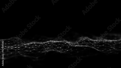 Digital hexagon dynamic wave of particles. Abstract black futuristic background. Big data visualization. 3D rendering.