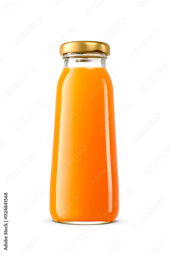 A clear glass bottle filled with carrot juice isolated. Transparent PNG image.