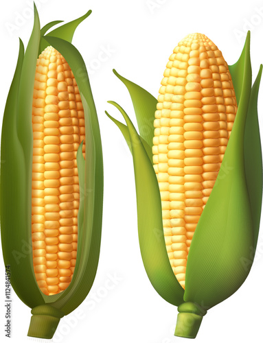 Realistic ripe raw corn cobs and yellow kernels, vector maize farm food vector 3d sweetcorn corn cobs, agriculture elements. Harvest Gradient Mesh