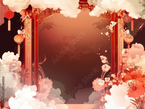 Lunar New Year Online Shopping Generative AI Background for Wealth and Fortune in Red Cartoon Style