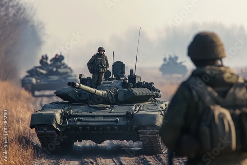 Wallpaper Mural Military tanks maneuvering through a rural landscape during training exercises in the morning fog Torontodigital.ca