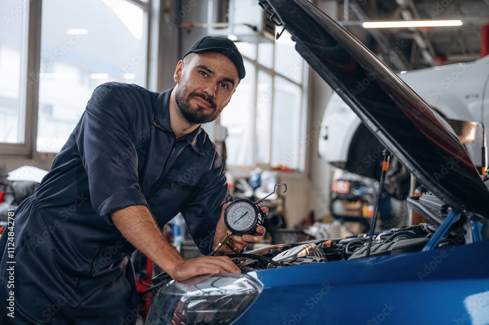 Focused at work. Mechanic is in a car service station Focused at work. Mechanic is in a car service station