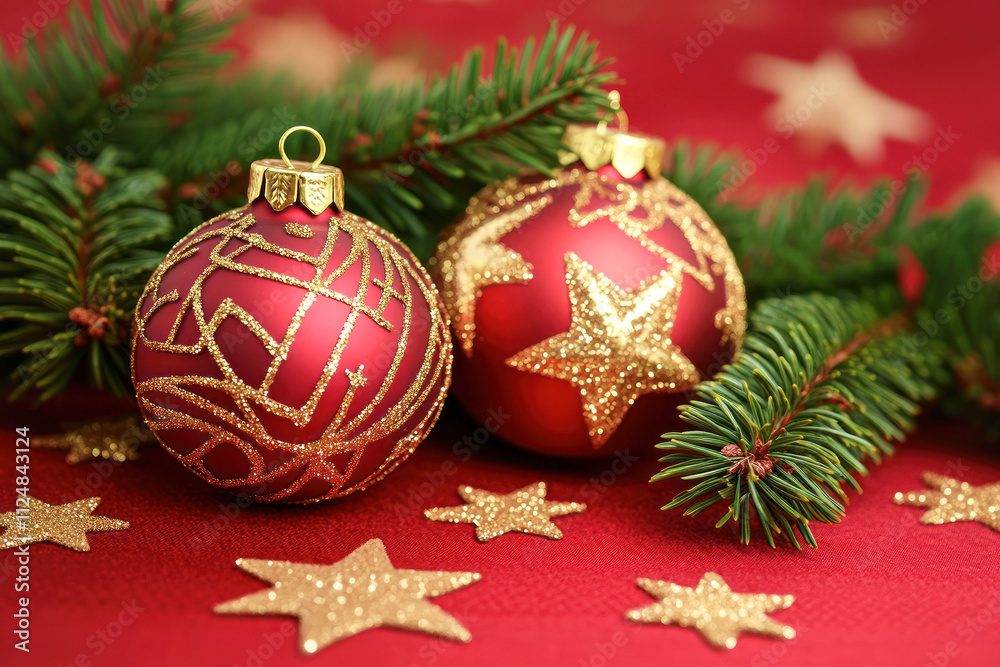 Elegant red baubles with gold details on branches