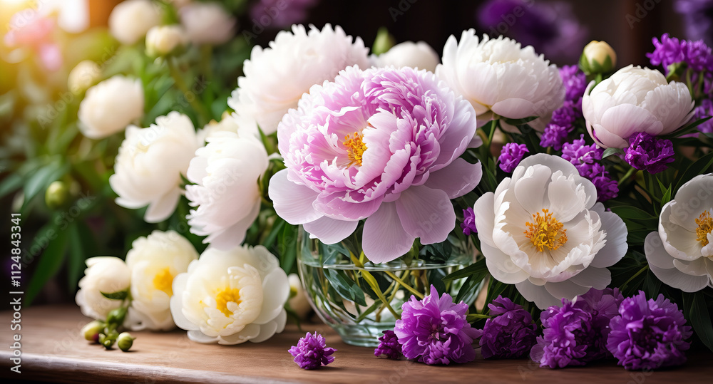 Pink and white crocuses bloom in a spring garden, a beautiful floral display