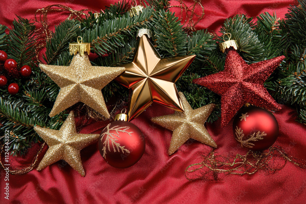 Traditional Christmas decor with stars and baubles. Traditional Christmas decor with stars and baubles.