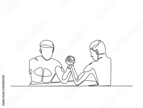 Continuous one line drawing of two man fight arm wrestling. Yong Metaphor of confrontation  illustration. Editable vector.