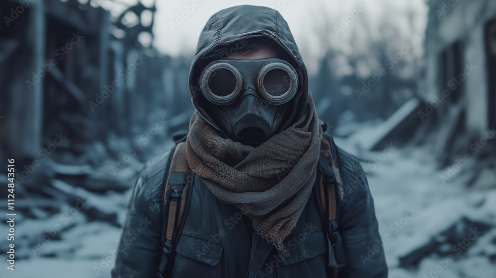 Post-apocalyptic survivor in goggles and scarf standing in ruined urban landscape Post-apocalyptic survivor in goggles and scarf standing in ruined urban landscape