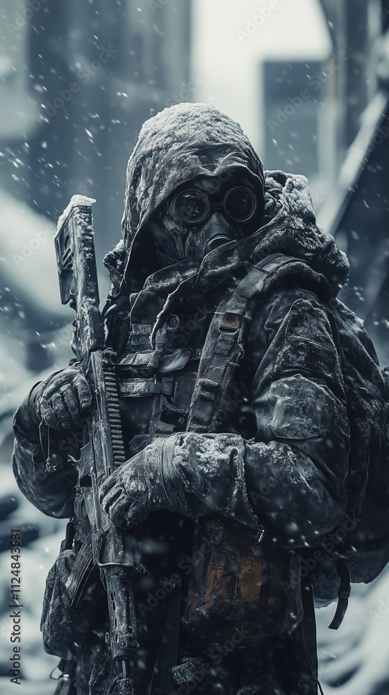 Fototapeta premium Post-apocalyptic survivor in snowy urban ruins wearing gas mask