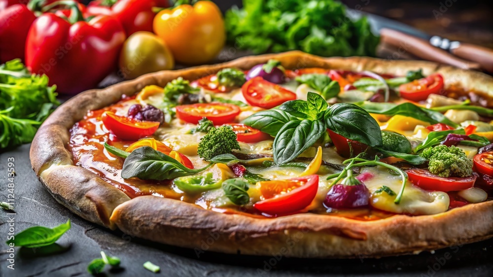 Captivating Close-Up of Gourmet Pizza Loaded with Fresh Vegetables, Aromatic Herbs, and Melted Cheese Set Against a Dark Background Ideal for Food Blogs and Culinary Websites Captivating Close-Up of Gourmet Pizza Loaded with Fresh Vegetables, Aromatic Herbs, and Melted Cheese Set Against a Dark Background Ideal for Food Blogs and Culinary Websites