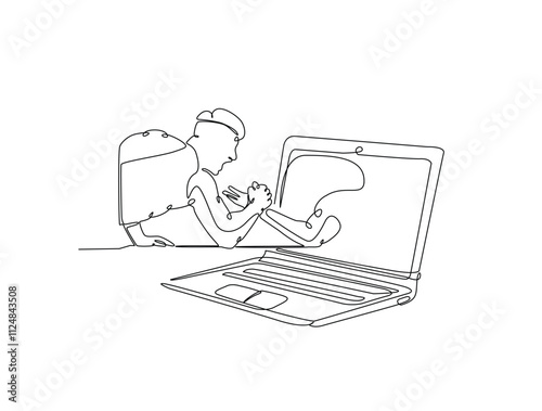 Continuous one line drawing of man fight arm wrestling with laptop. Metaphor of human versus technologi, AI, future tech illustration. Editable vector.