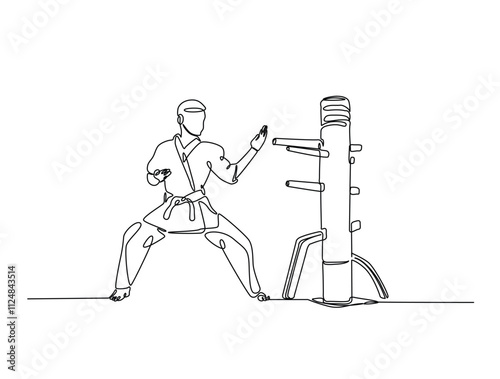 Continuous one line drawing of fighter training Wing Chun-martial art with wooden dummy. Yong Chun -asian martial art sport illustration. Editable vector.