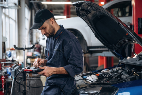 Electronics adjustment, with digital tablet. Mechanic working in a car service station