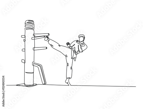 Continuous one line drawing of fighter training Wing Chun-martial art with wooden dummy. Yong Chun -asian martial art sport illustration. Editable vector.