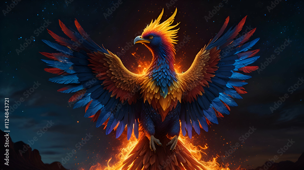 A majestic phoenix bursting into flames, its wings outlined in neon red, yellow, and blue against a starry night sky. A majestic phoenix bursting into flames, its wings outlined in neon red, yellow, and blue against a starry night sky.