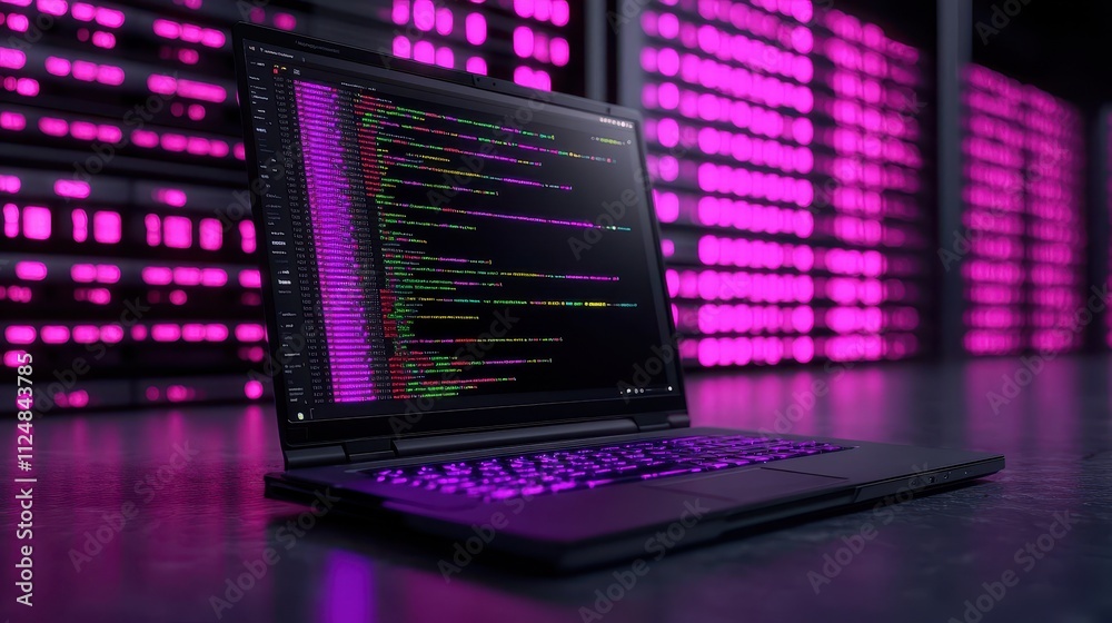 Modern Laptop Displaying Colorful Code in a Data Center Environment with Neon Lights Modern Laptop Displaying Colorful Code in a Data Center Environment with Neon Lights