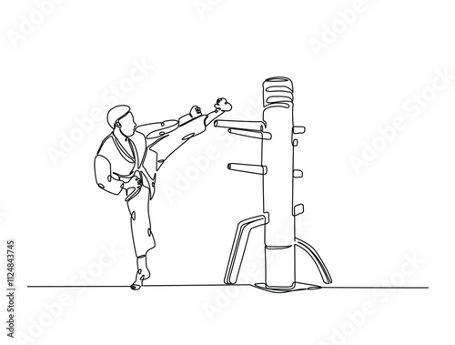 Continuous one line drawing of fighter training Wing Chun-martial art with wooden dummy. Yong Chun -asian martial art sport illustration. Editable vector.