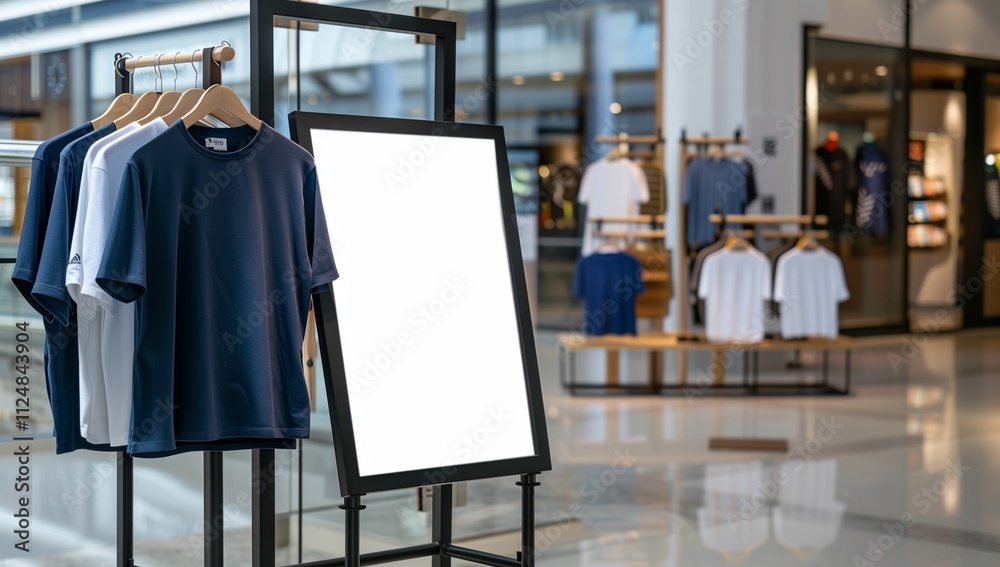 A mockup of an A4-format blank white frame with black edges, standing on the floor in front of T-shirts hanging inside a store. A mockup of an A4-format blank white frame with black edges, standing on the floor in front of T-shirts hanging inside a store.