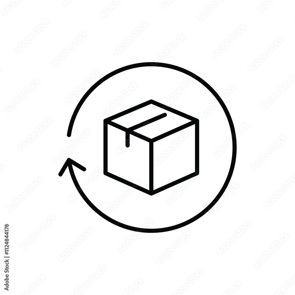 Return package icon. Simple outline style. Delivery parcel, box, package, return, exchange, arrow, deliver, product, shipping concept. Thin line symbol. Vector illustration isolated. Return package icon. Simple outline style. Delivery parcel, box, package, return, exchange, arrow, deliver, product, shipping concept. Thin line symbol. Vector illustration isolated.