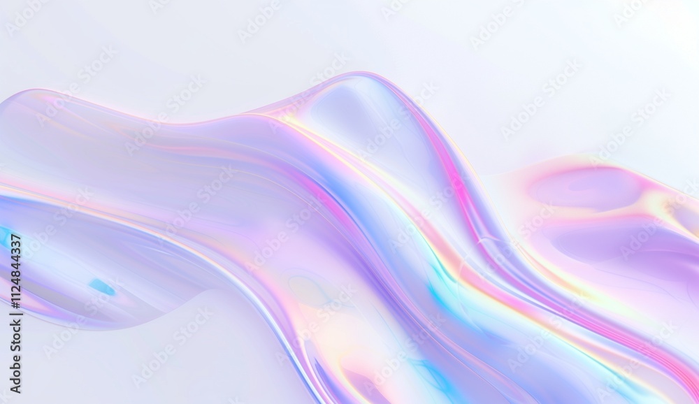 Obraz premium Abstract iridescent holographic fluid shapes on a white background. Abstract 3D rendering of transparent glossy liquid in pastel colors.