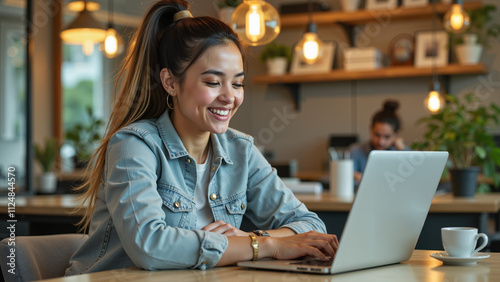 Obraz na płótnie Młody przedsiębiorca pracuje zdalnie w przestrzeni coworkingowej, korzystając z laptopa. Przestronne wnętrze, inspirujący wystrój i spokojna atmosfera wspierają produktywność i kreatywność. w salonie
