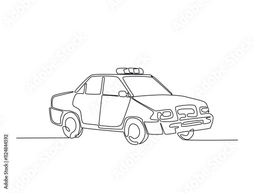 Continuous one line drawing of police or cop car with lights and siren on. Police vehicle in single line art illustration. Editable vector.