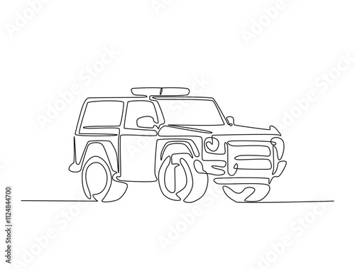 Continuous one line drawing of police or cop car with lights and siren on. Police vehicle in single line art illustration. Editable vector.