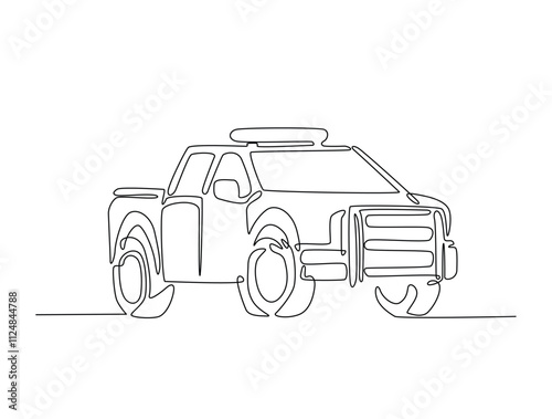 Continuous one line drawing of police or cop car with lights and siren on. Police vehicle in single line art illustration. Editable vector.