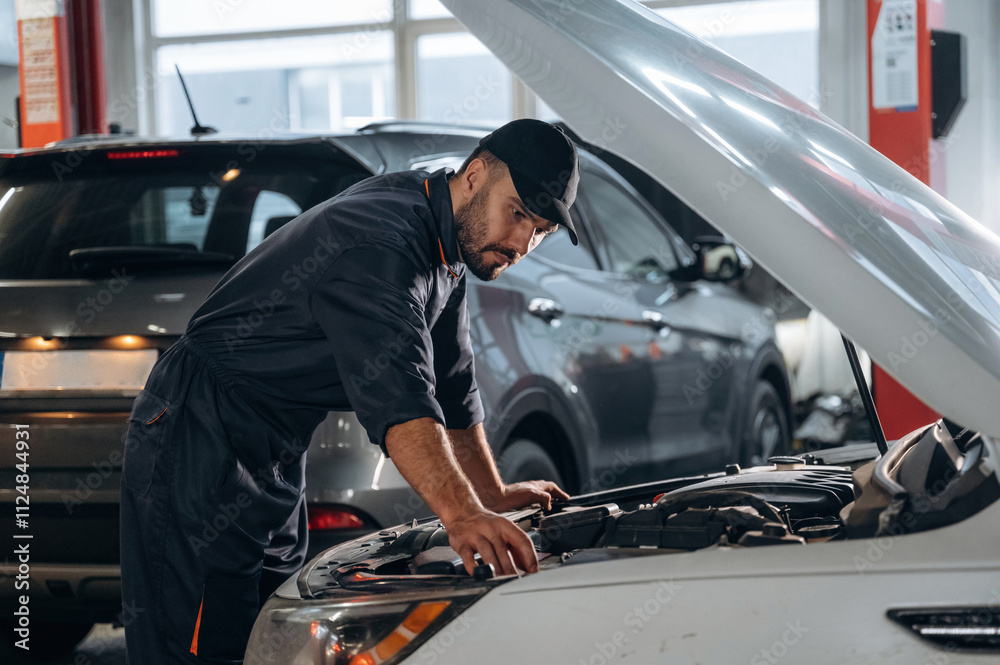 Transport is being repaired. Mechanic working in a car service station Transport is being repaired. Mechanic working in a car service station