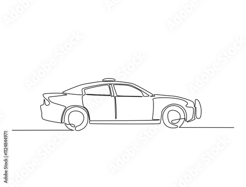 Continuous one line drawing of police or cop car with lights and siren on. Police vehicle in single line art illustration. Editable vector.
