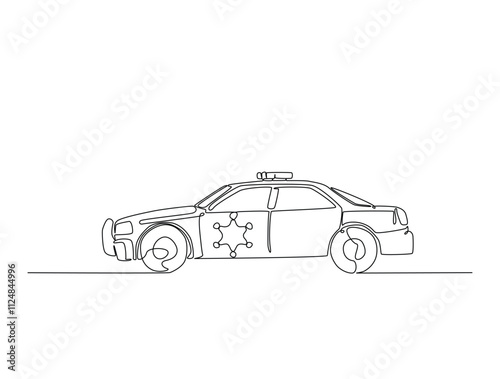 Continuous one line drawing of police or cop car with lights and siren on. Police vehicle in single line art illustration. Editable vector.