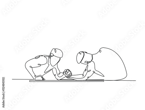 Continuous one line drawing of two man fight arm wrestling. Metaphor of confrontation  illustration. Editable vector.