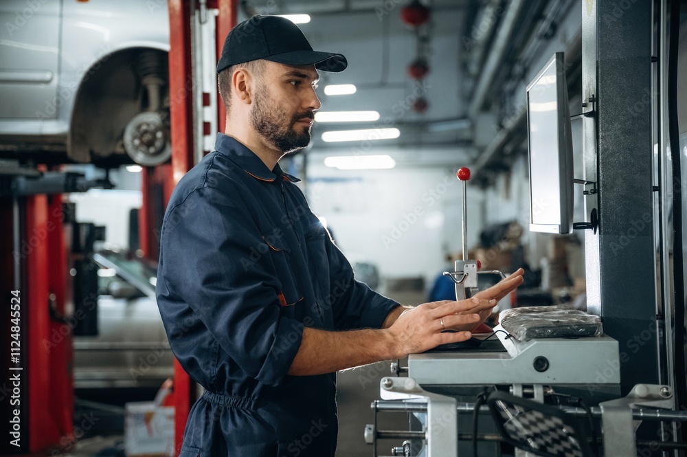 Standing by the display. Mechanic working in a car service station Standing by the display. Mechanic working in a car service station