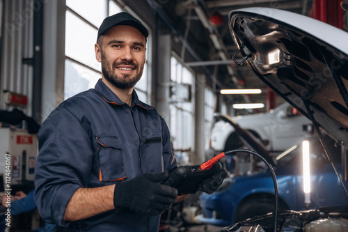 Smiling, cheerful facial expression. Mechanic working in a car service station