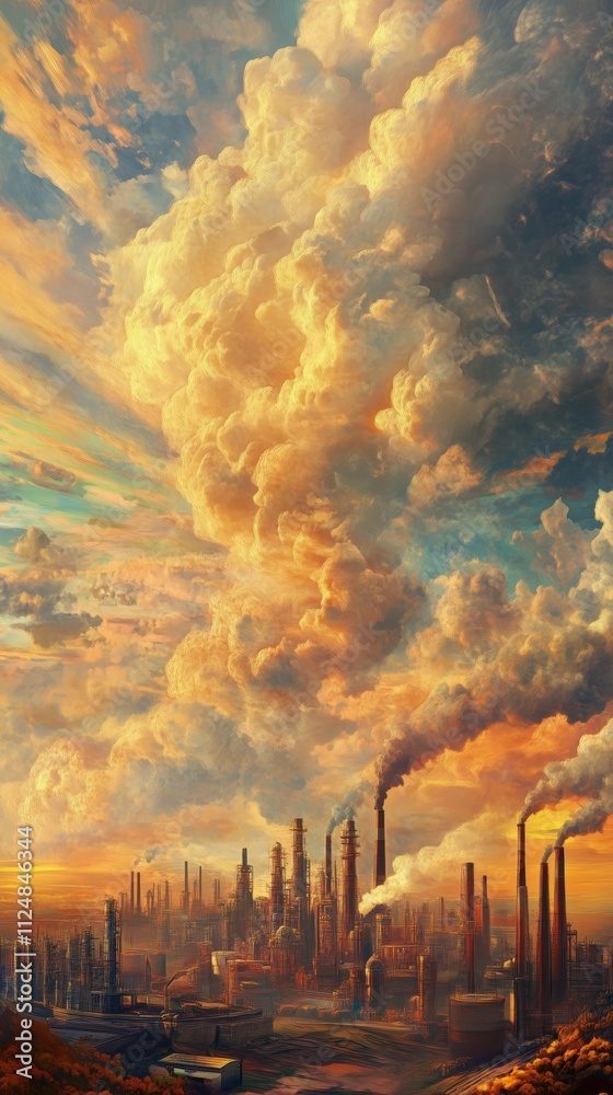 Obraz premium Futuristic cyberpunk cityscape with towering skyscrapers and industry