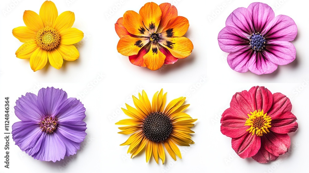 A collection of vibrant wildflowers floating against a white background, emphasizing their natural beauty. A collection of vibrant wildflowers floating against a white background, emphasizing their natural beauty.
