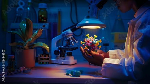 Scientist in lab coat holding molecular model of serotonin receptor, with microscope and scientific instruments, highlighting the significance of neuroscience research. photo