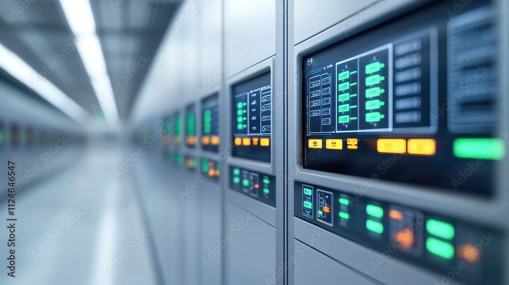 Modern Data Center with Rack Servers and Control Panels in High-Tech Environment Modern Data Center with Rack Servers and Control Panels in High-Tech Environment