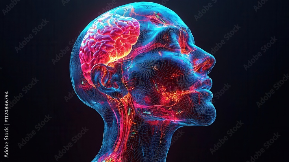 Radiant 3D Illustration of a Human Head with Visible Brain and Neural Connections Radiant 3D Illustration of a Human Head with Visible Brain and Neural Connections
