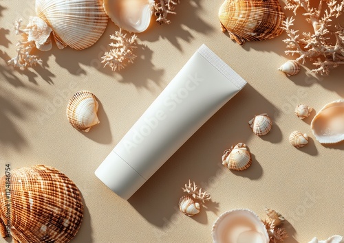 Mockup of cosmetic tube sunscreen spf cream 50ml lying on the sand surrounded by conch sea. Flat lay photo