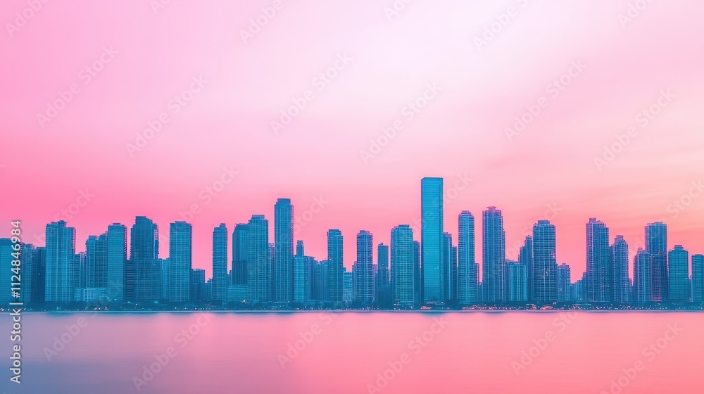 Fototapeta premium Modern City Skyline at Sunset with Vibrant Pink and Purple Skies over Reflective Water