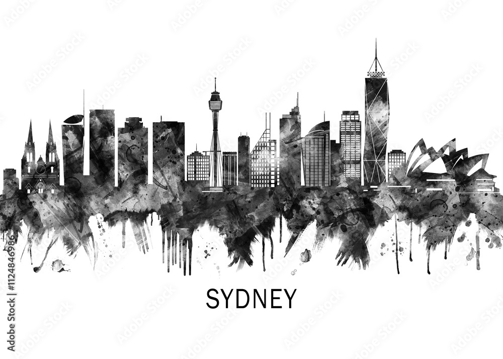 Fototapeta premium Sydney Australia Skyline BW, abstract painting travel poster urban landscape modern art downtown skyline illustration landmarks skyscrapers artwork architecture