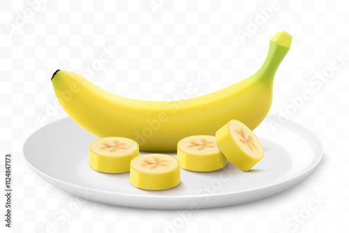 Ripe sweet banana on a white plate isolated on a transparent background. Whole banana and sliced. Healthy vitamin food. Realistic 3d vector illustration