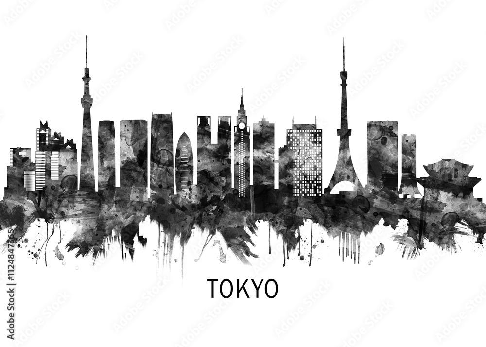 Naklejka premium Tokyo Japan Skyline BW, abstract painting travel poster urban landscape modern art downtown skyline illustration landmarks skyscrapers artwork architecture