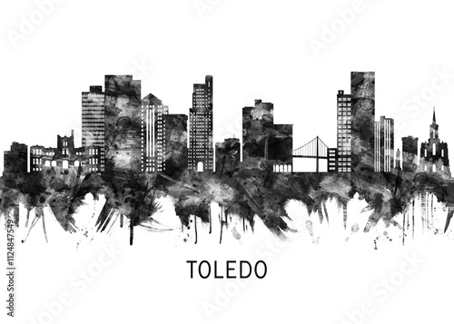 Toledo Ohio Skyline BW, abstract painting travel poster urban landscape modern art downtown skyline illustration landmarks skyscrapers artwork architecture photo