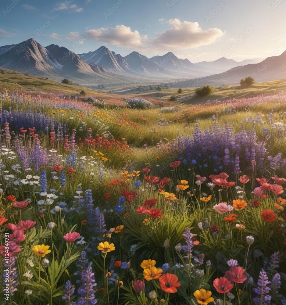 Obraz premium A sweeping vista of a meadow filled with a variety of colorful wildflowers , sunny day, nature's beauty, wildflowers