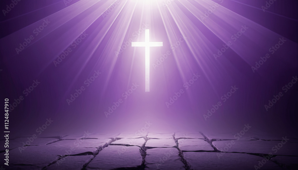 Fototapeta premium Illuminated white cross with rays of light for Lenten prayer concept