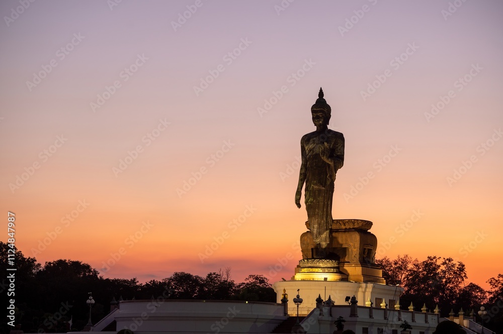 Stand big Buddha Statue in silhouette sun set Light background in park of Thailand temple.Yellow orange light silhouette dark shadow of image Buddha statue stand Buddha tall walk in sun light cloud. Stand big Buddha Statue in silhouette sun set Light background in park of Thailand temple.Yellow orange light silhouette dark shadow of image Buddha statue stand Buddha tall walk in sun light cloud.